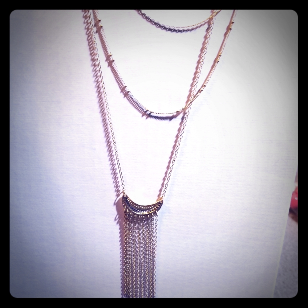 Gold 3 tier necklace with crescent and tassels